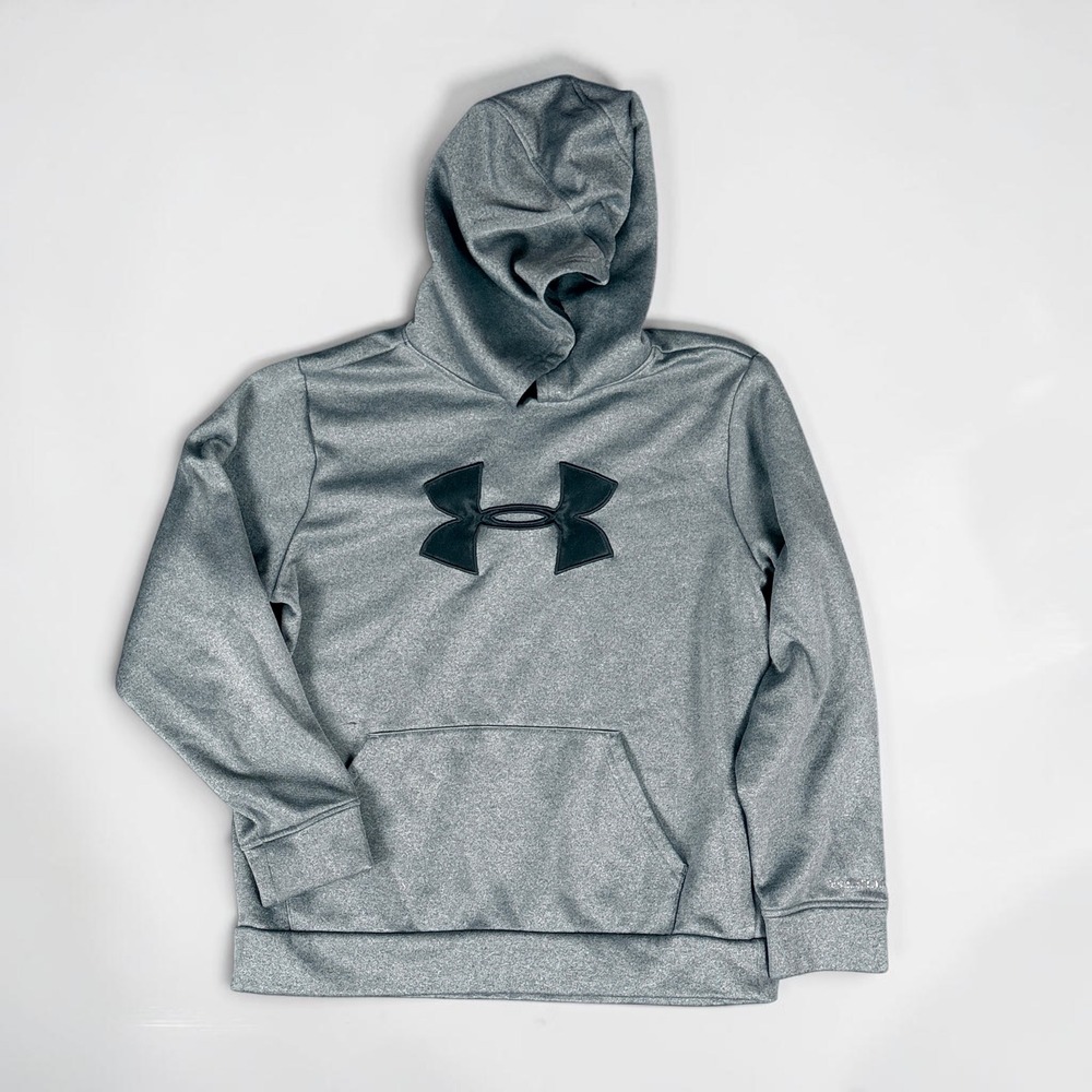Under Armour Boys Gray Big Logo Fleece Hoodie Sweatshirt YMD Medium Loose Fit - Picture 1 of 4